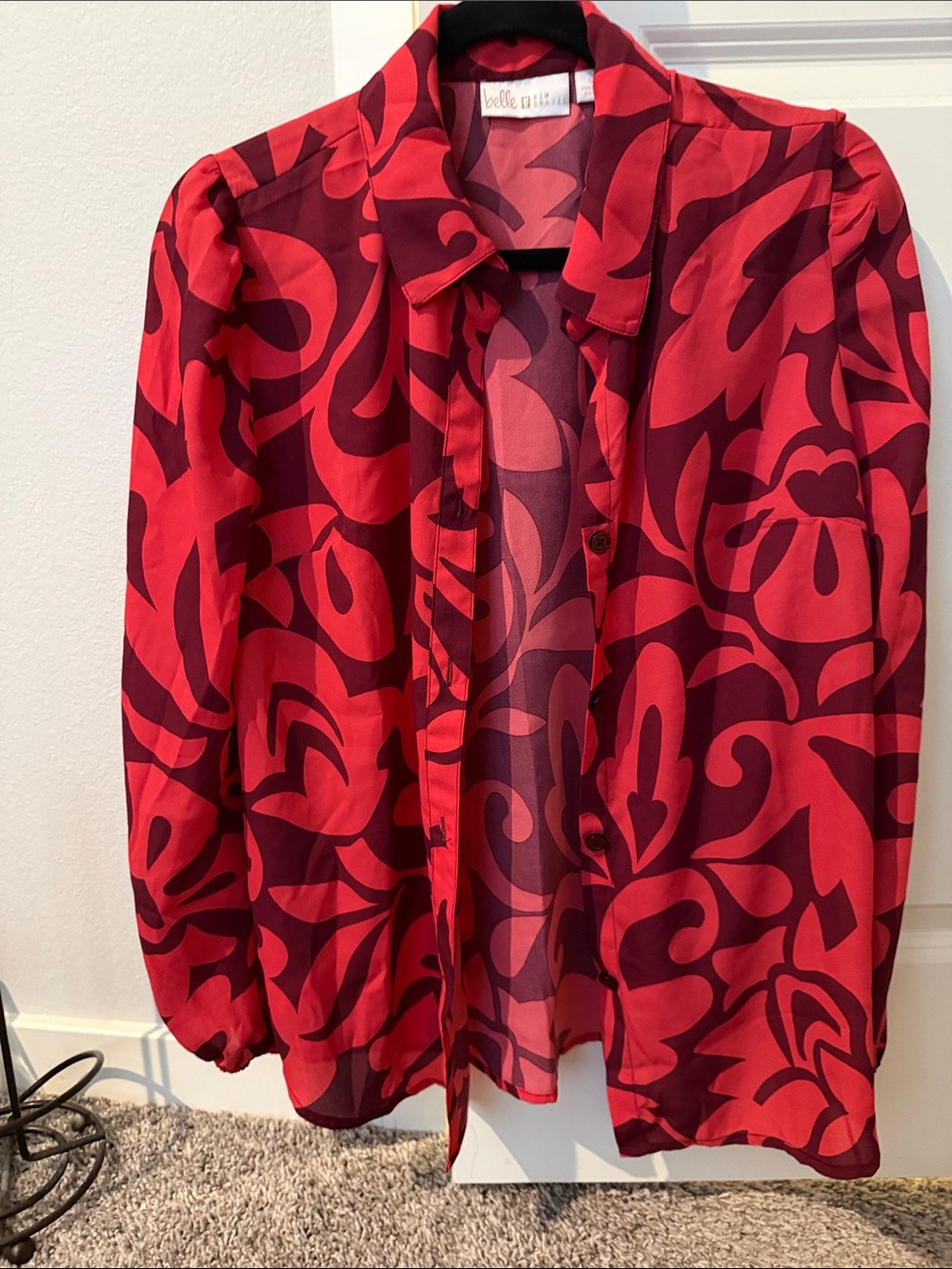 Belle by Kim Gravel Red and Burgundy Floral-Print Button Blouse